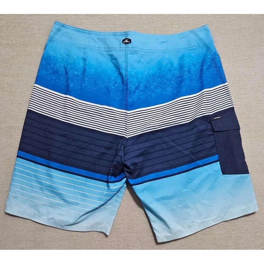 ONeill Mens Blue Ombre Striped Board Shorts Swim‎ Trunks Size 38 Cargo Pocket